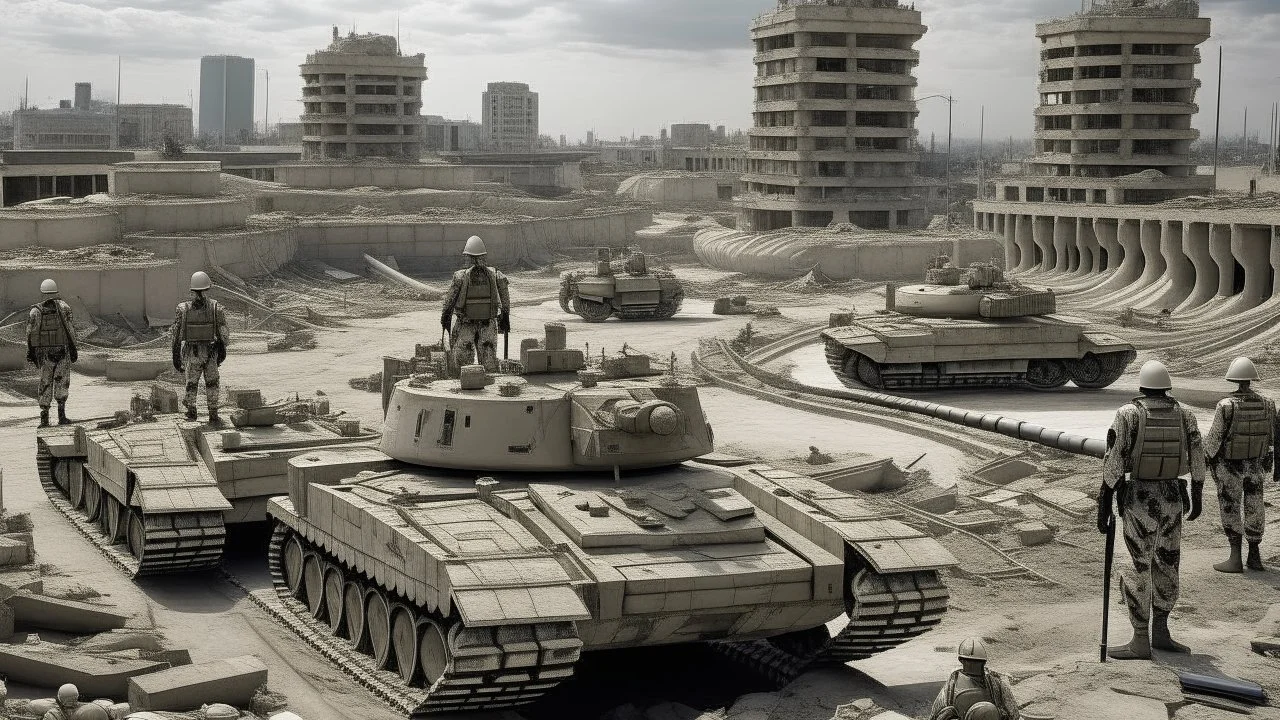 Israeli soldiers and tanks stand on a very large chessboard in the middle of a destroyed city