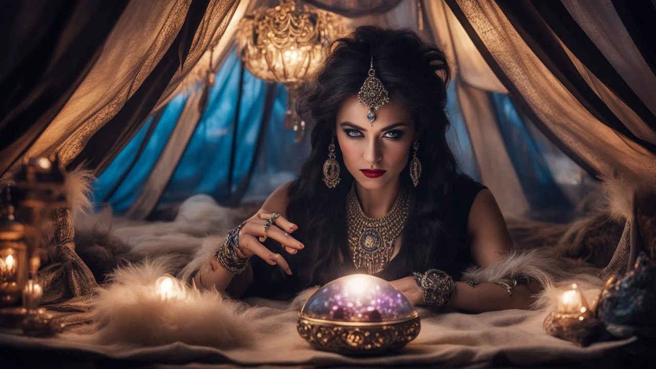 Hyper Realistic photographic-view of Wicked Fortune-teller wearing black-beed-necklace-&-bracelet angrily Looking at her crystal-ball glowing magically & sitting in her tent decorated with fancy-traditional-ornaments-&-feathers showing dramatic & cinematic ambiance"