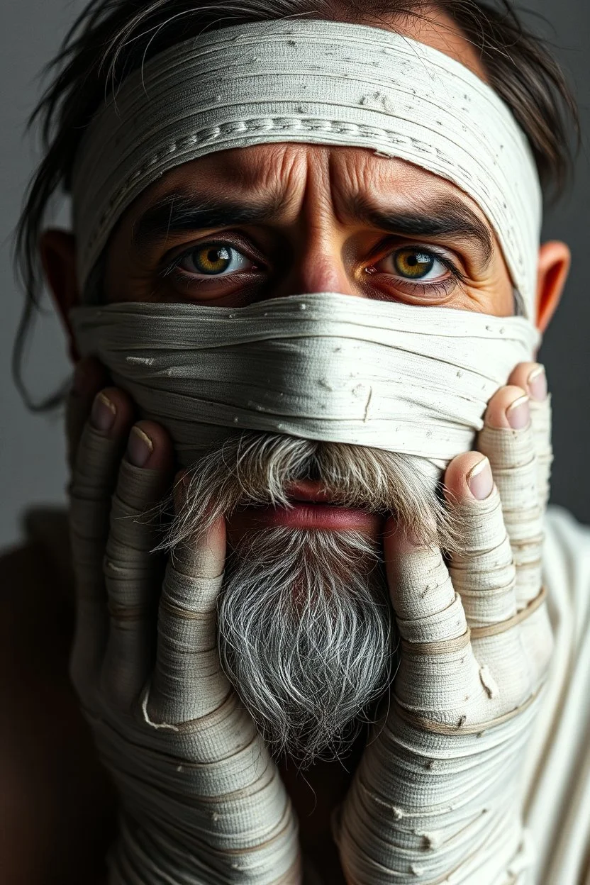 a very sad hurt man with beard, he is covered all the body with bandage and are in deep pain, only the eyes