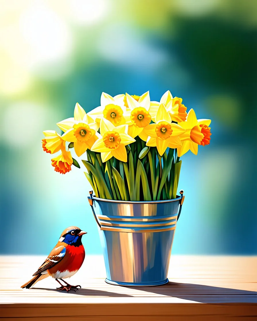 Gemini prompt: A beautiful watercolour painting of a bunch of daffodils in a vintage blue bucket. A robin bird stands beside the flowers. Blurred back ground. Hyper-realistic hyper-vibrant