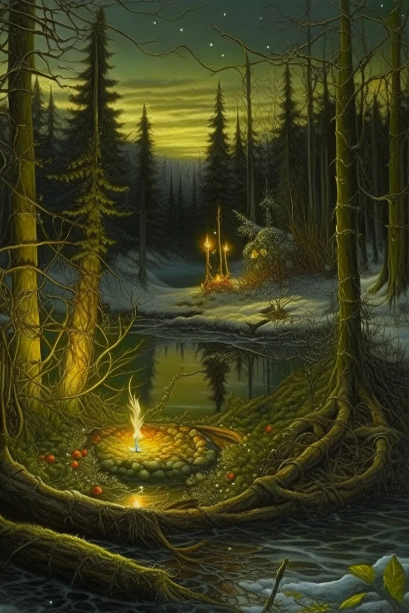 Hyperrealism against the background of a winter landscape in a forest with a bonfire +mirror portal with a whirlpool of water + +rite+candles+dried flowers+wildflowers+moss++flower decoupage+embroidery technique+braided beads+vine+moonlit night,fabulous landscape,surrealism,realism,naturalism,dot technique,microdetalization,high detail objects,digital illustration,volumetric clarity,dark fantasy,dark botanical