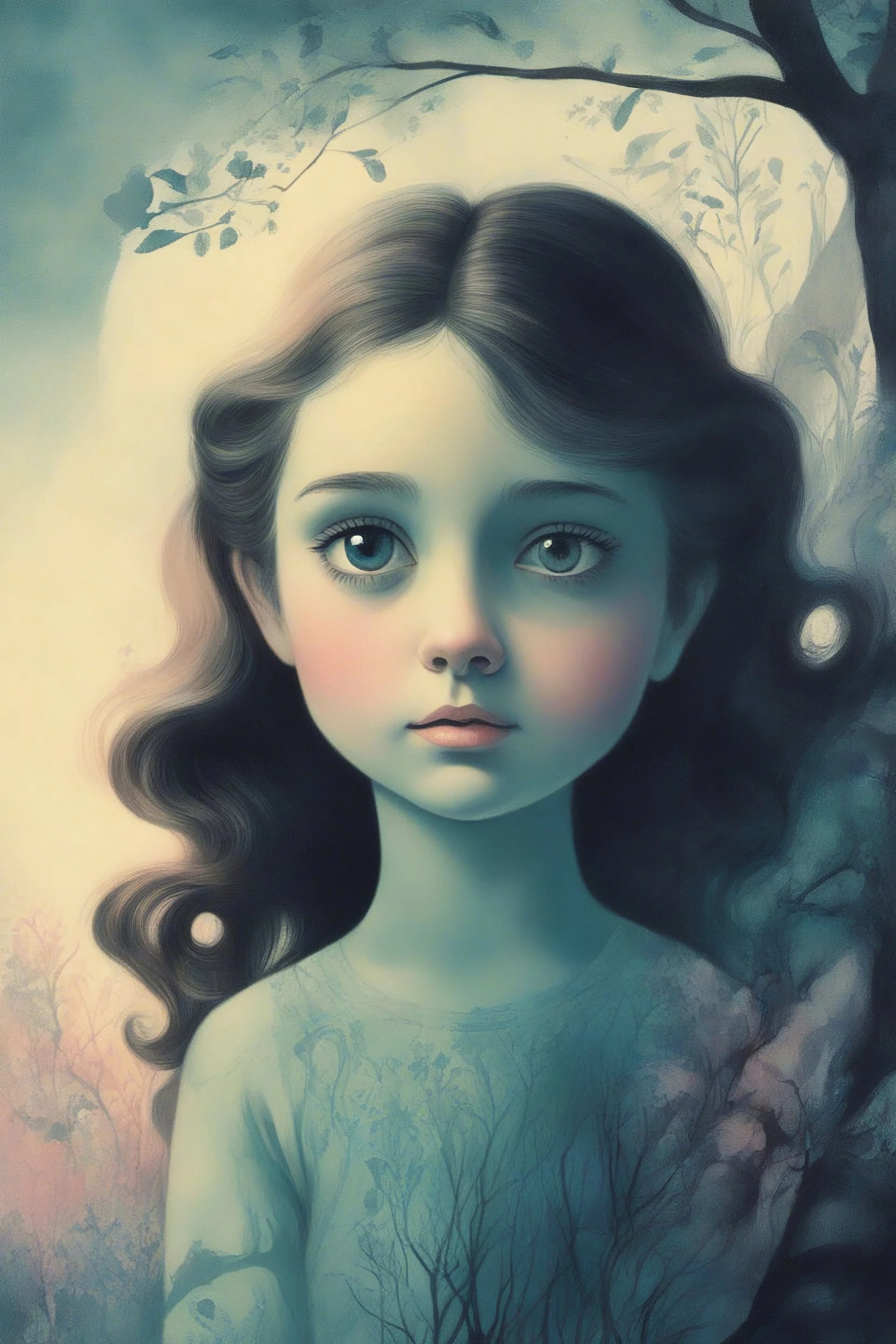 old illustration of a little girl, style of Eyvind Earle, pastel colors