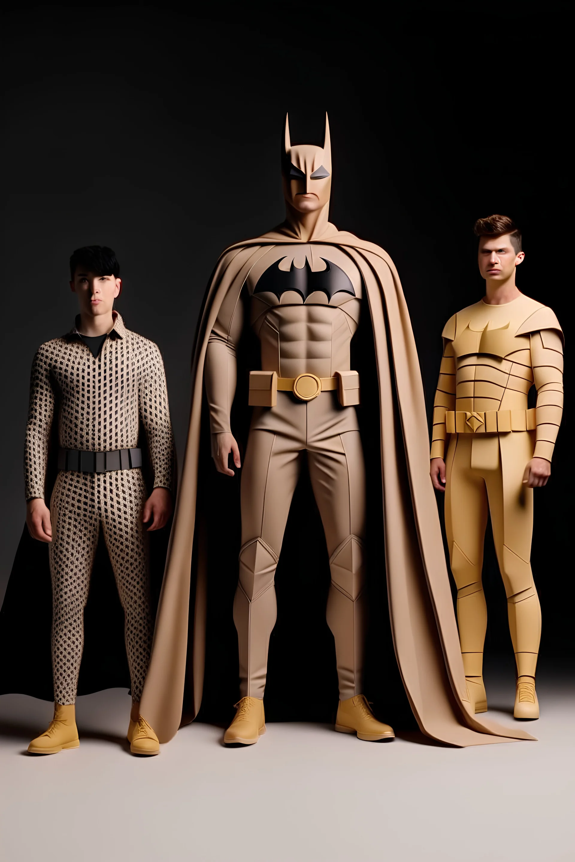 three men in different Balenciaga Batman's big emblem clothing, beige tones, fashion plates, outfits, modern designs, deconstructed tailoring, rendered in cinema4d –q 2 –ar 3:5