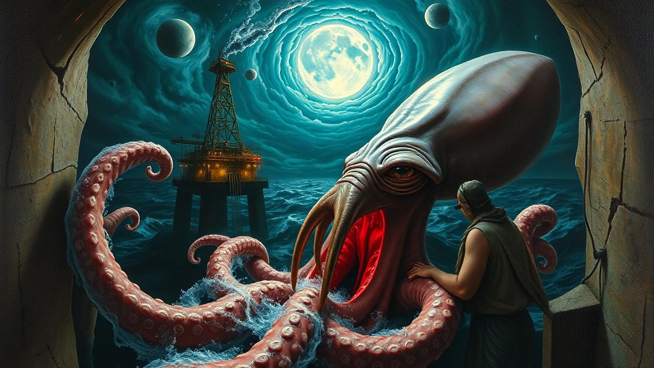 master oil painting by Rembrandt, roller coaster hypno psycho alien squid breast feeding with some bad ass power off shore oil platform cyber punk people experiencing gravity at its worst, pin hole cam, twisted perspective, goa trance music poster, awake within a dream