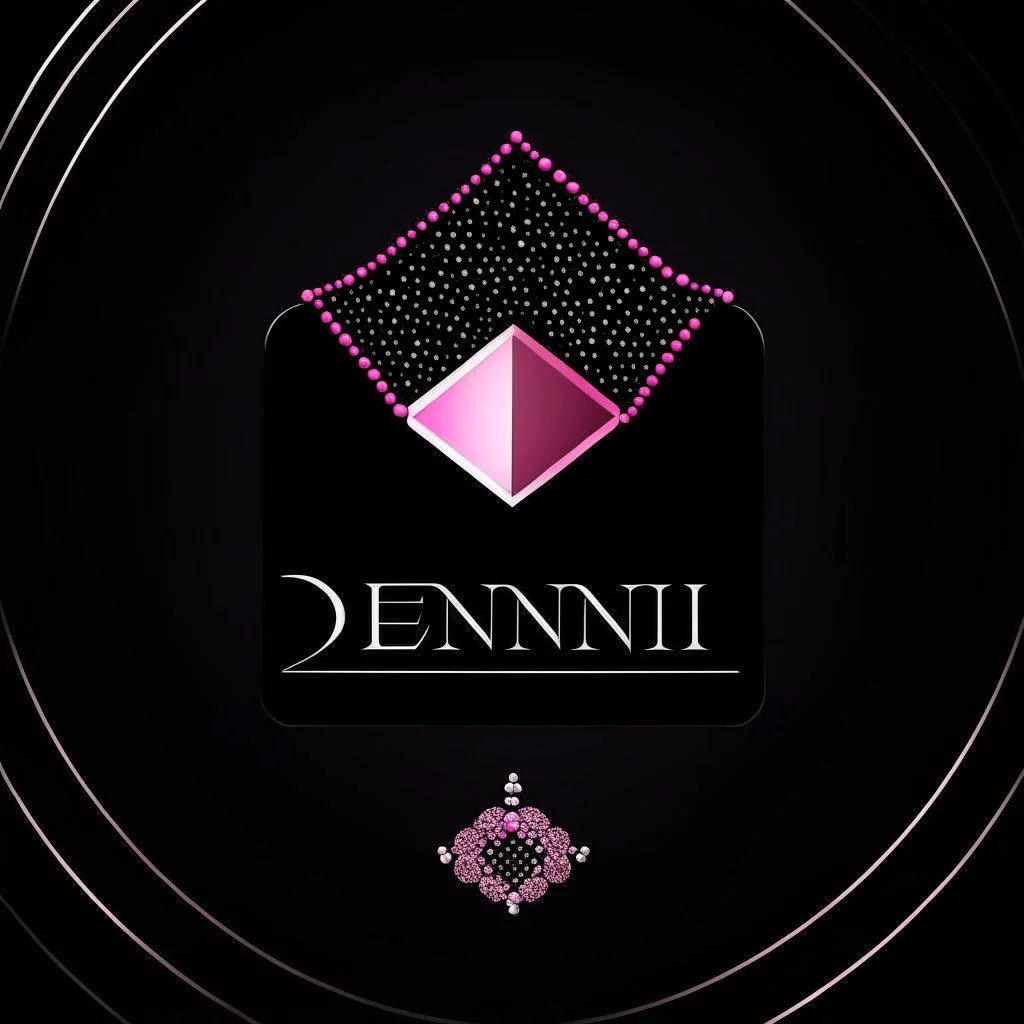 Create a logo with the name Deniz Boutique, dresses inspired by diamonds, baby pink, black background.