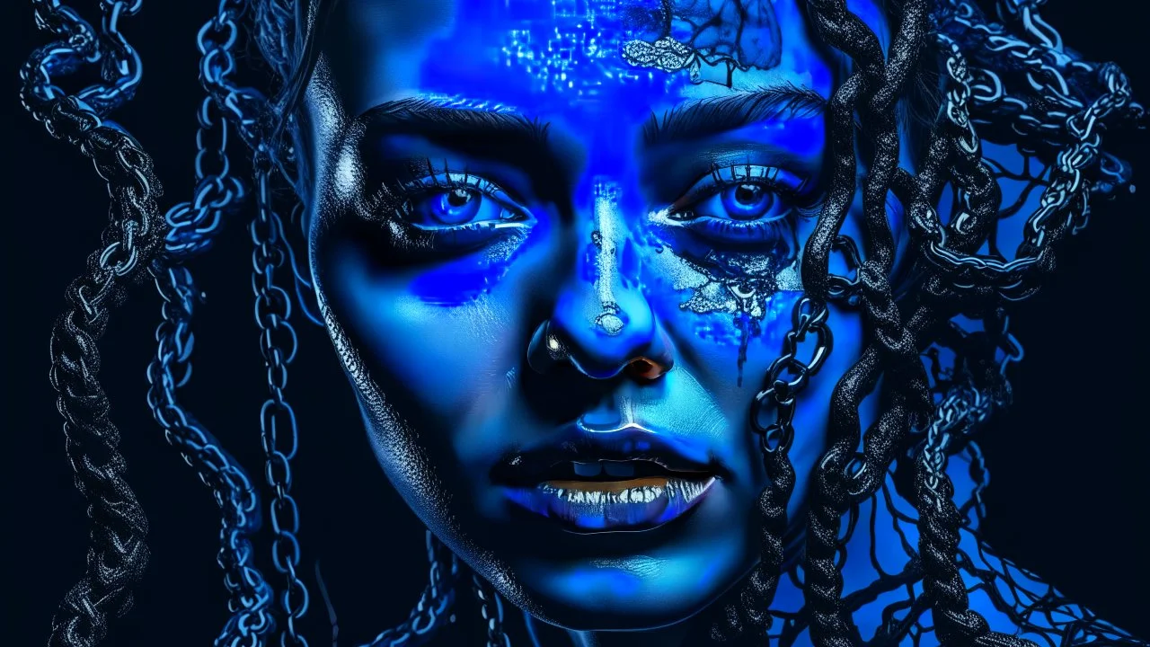 close up pale blue-white face with black shadow dark gold eyes, , void, hyper-realistic detail, floats in deep darkness, deep blue abyss, vertical shadows of five chains projected on her face, crepy stunning, surreal vibe with meticulous textures, dark shadow