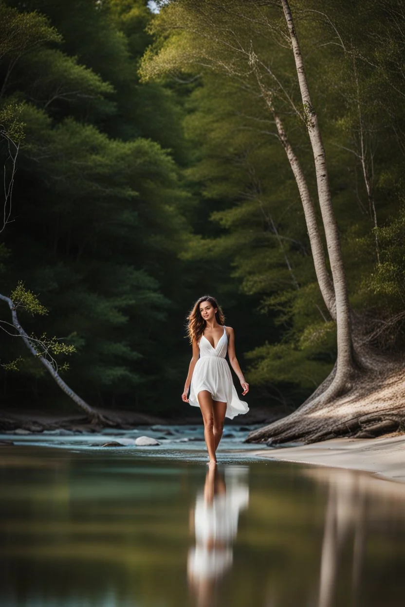 beautiful girl walking toward camera in trees next to wavy river with clear water and nice sands in floor.camera capture from her full body front