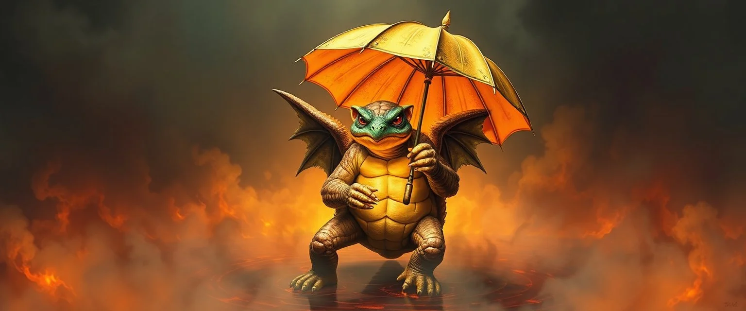 smite by god was the evil furry goblin gremlin winged turtle man holding a golden umbrella in a pool of smoke and lava in the style of Escher and Giger.