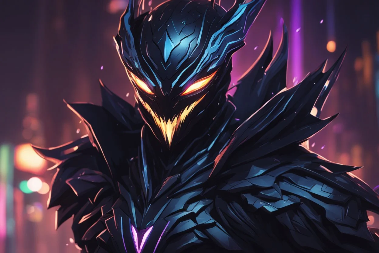 kindred venom in 8k solo leveling shadow artstyle, machine them, mask, close picture, rain, neon lights, intricate details, highly detailed, high details, detailed portrait, masterpiece,ultra detailed, ultra quality