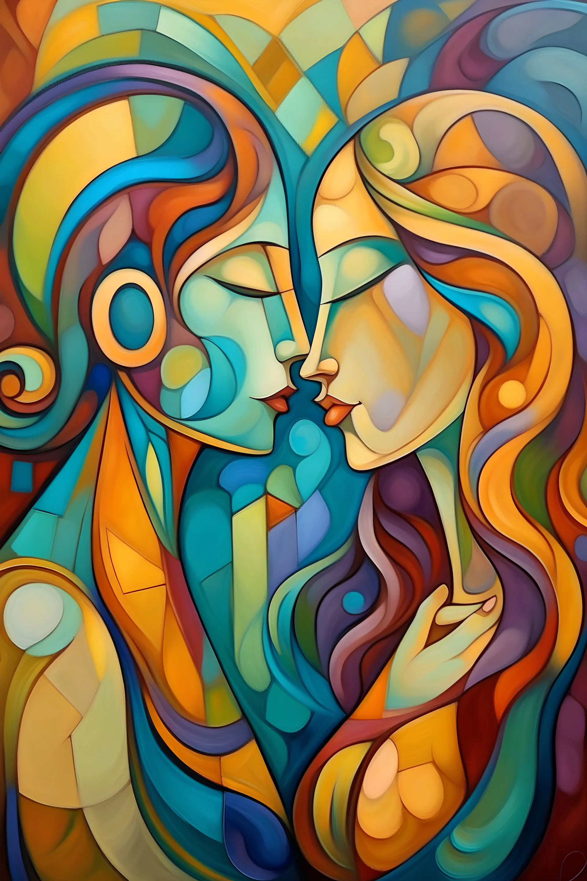 Abstract figurative painting of two women whispering, neo cubism style Michael Lang, pastel color palette, glazed gradients, strong contour lines.