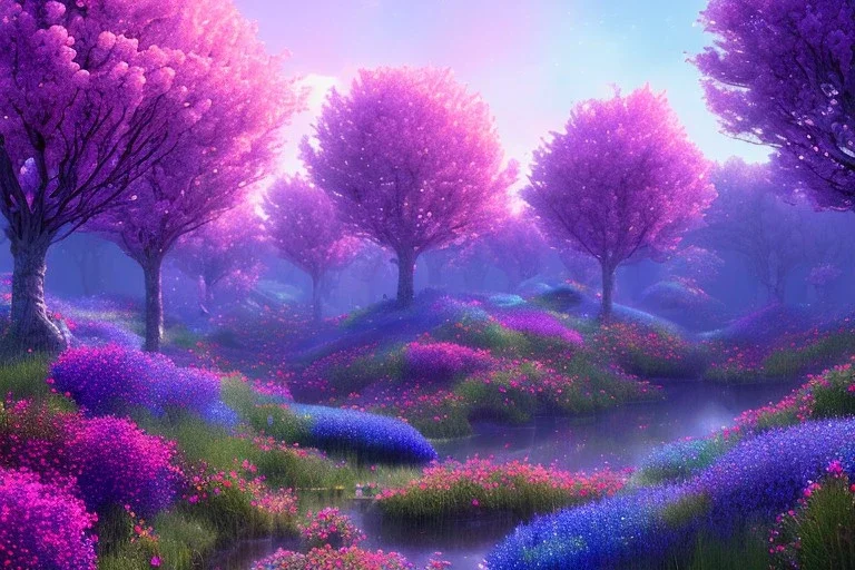 monde en fleurs bleu pink fuksia, concept art, crépuscule , trees bleu pink violet oranger, vibrant Color, réaliste, kwiaty maki rozowe