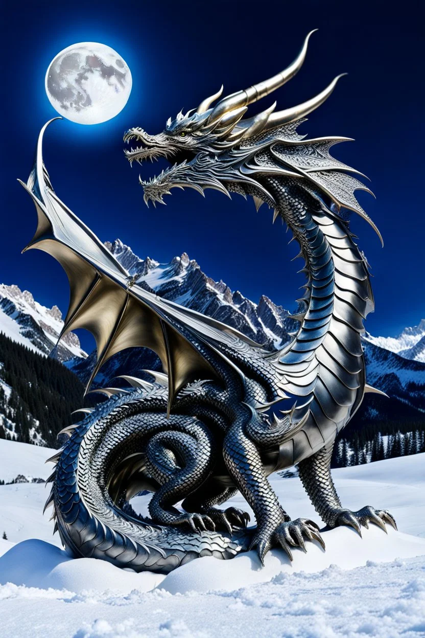 a weird beautiful metallic dragon sculpture sitting on the snow. The dragon sculpture looking the full moon on the dark sky. the high artistic nature of the animal sculpture and the serene atmosphere of the snow and high winter mountains setting. stunning, high detailed