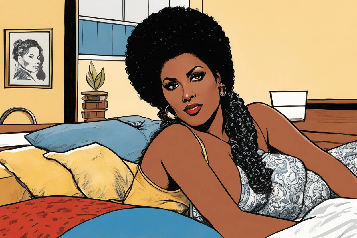 an illustration for the comic "Danger in the bedroom: Pam Grier is Coffy" by Hugo Pratt and Rubén Pellejero