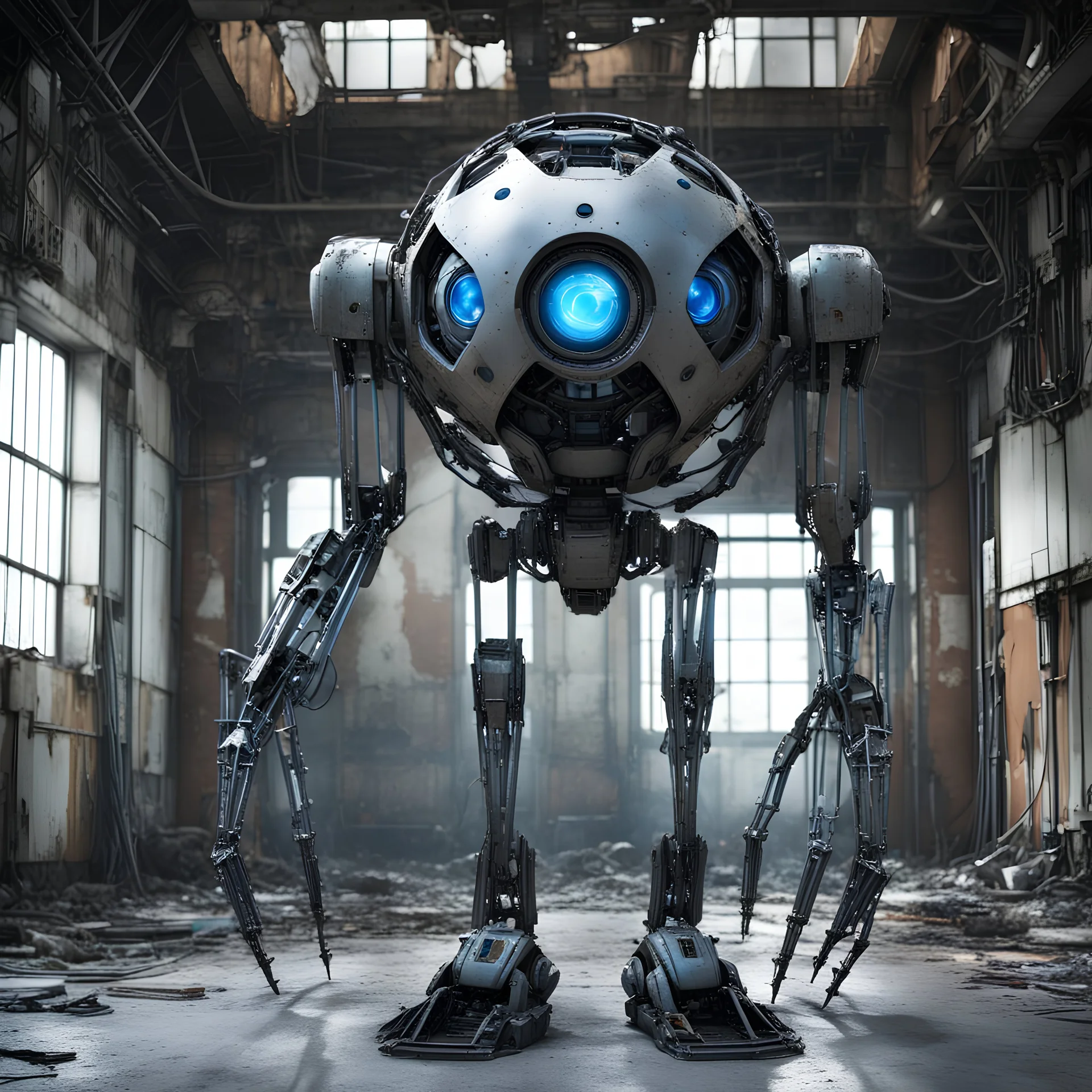 A colossal robotic entity standing in a dilapidated room. The robot has a spherical upper body with a singular blue eye in the cente r, and its legs are made of interconnected metal segments. The robot's body exhibits signs of wear and tear, with rust and patches of corrosion. The room itself is in a state of decay, with broken walls, debris on the floor, and a beam of light penetrating from above, illuminating the robot and casting shadows on the walls., illustration, painting, dark fantasy