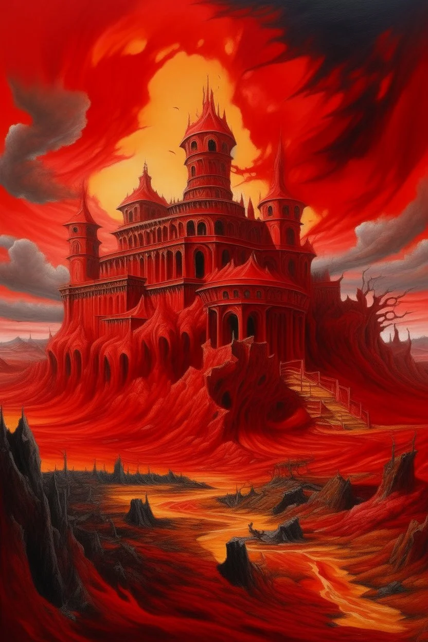 A red volcanic castle in a fiery realm painted by Michelangelo di Lodovico Buonarroti Simoni