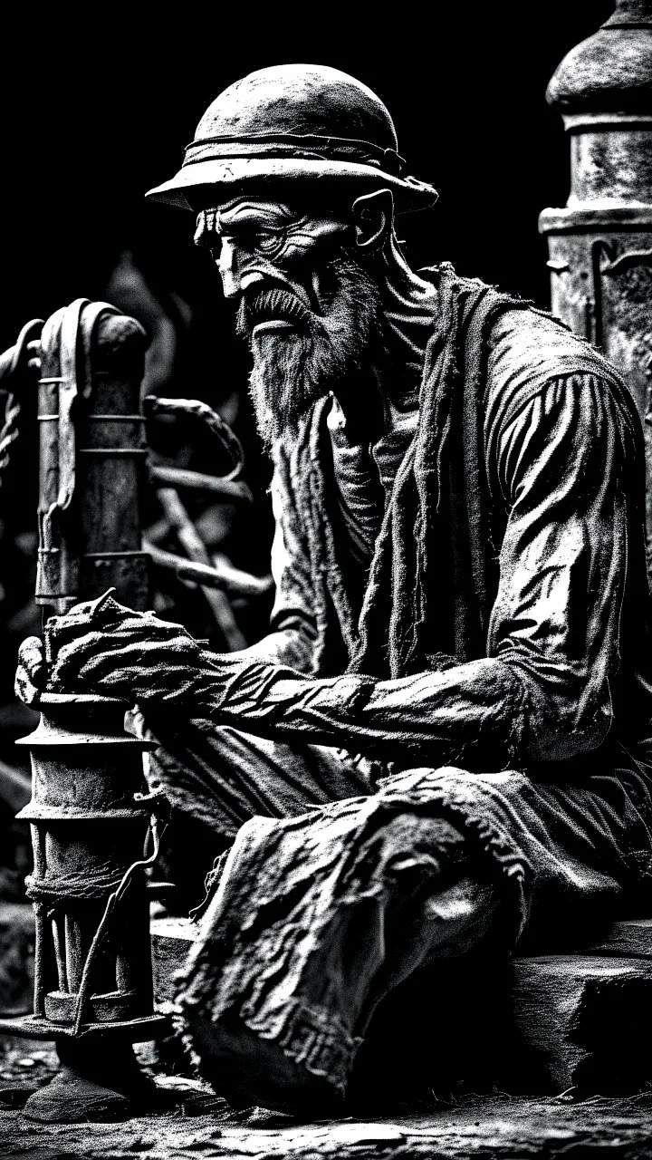 A man with oil lamp in a Coal mine.
