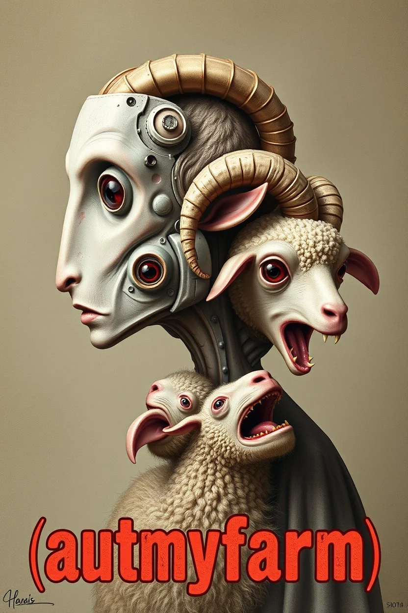 superherd group dark humor biological detail horror macabre("yummy yummy") right and left side profile, with heading fancy text of poster saying (autofarm) in boob poster form,a portrait of a very very super skinny head mechanic sheepman, man is eating a hybrid mixed body part sheep, giant eyes sheep alien style puppy look. as five headed mouth open, rough teeth, turn head, (&*&*^%$^#%$#%$^%$#^#$#^%#$^$#&#^46747854784846857