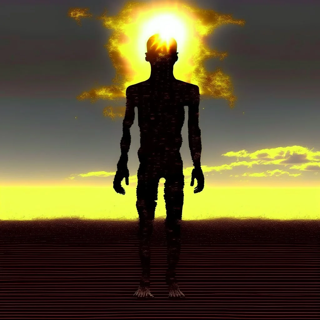 Text 'AS THE SUN STAINS THE SKY' in shaky handwriting as the centerpiece of an anthropomorphic metaphoric solar pixelated creature with very long legs leaving a dirty yellowish smear in sky behind it, glitchy grainy photography, surreal, minimalism, moody, sinister, profound, fantastical