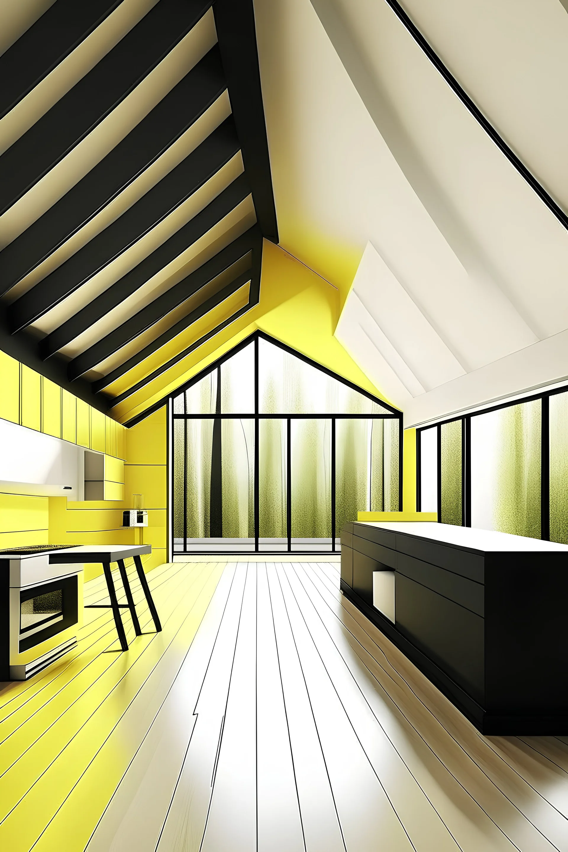 a frame house, minimal, yellow, white and black. cold wood and solar panel. interior design, show me the interior