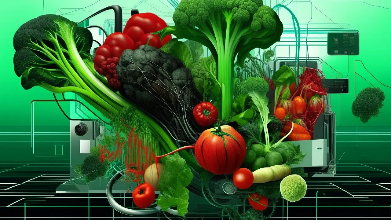 An abstract collage of various vegetables intertwined with futuristic cybernetic enhancements