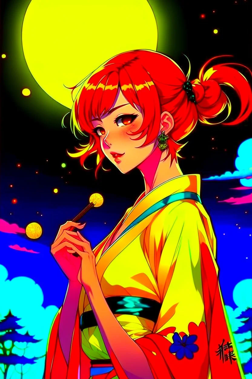 (Asian), short hair, fiery red hair hair, normal hands yukata, yellow clothes, 8k, best quality, winking, very dark night time, lighting from moon yellow moon, perfect, masterpiece, anime style, cartoon style,