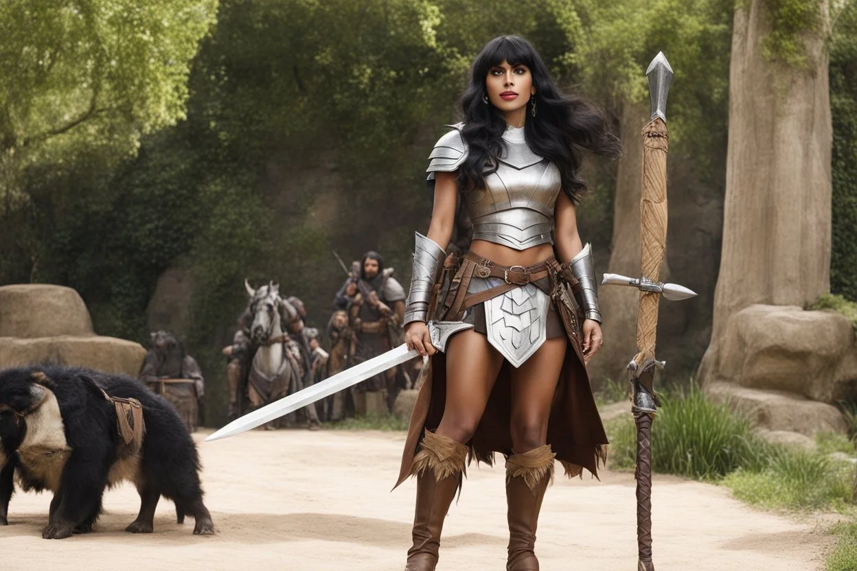 Jameela Jamil at the good place as a barbarian warrior with boots, her armour is made of linen and leather with pikes, she holds a war pike