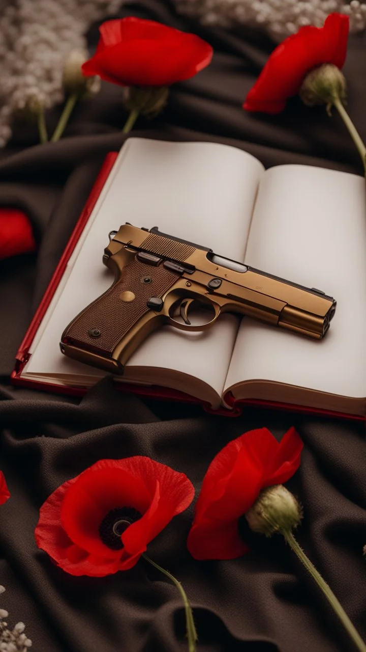 Two gold pistols and a red notebook on a white scarf. A field of red poppies. Close-up from above.cinematic.dark mood