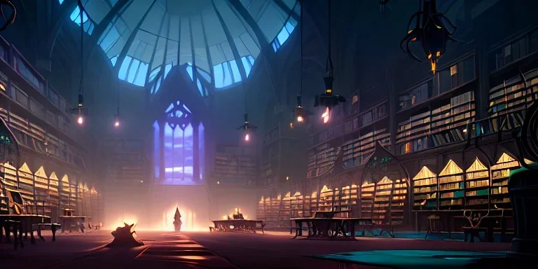 Massive magical library, fantasy, crows