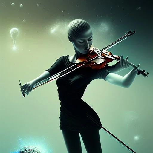 realism, violinist pitch black void, fantasy art, spray paint