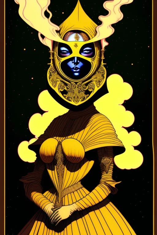 Planet Venus portrayed as a beautiful masked woman wearing medieval robes, her mask is smooth, her sihlouette is engulfed in sulfuric vapor and translucid fire, none of her skin can be seen