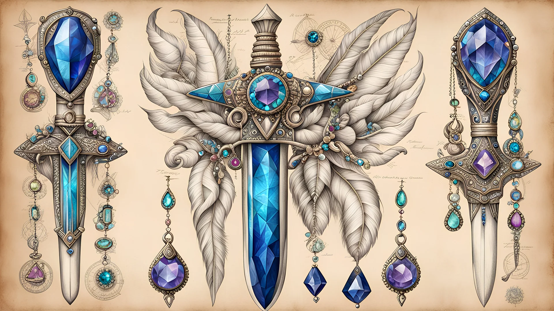 ((HAND_DRAWN_JEWELED_BLUEPRINT)) detailed topical view schematic of a bone_dagger_with_pearlescent_chain_and_gemstones on ((jeweled_text_covered_parchment_with smoldering_edges_and_bold_lines)), vivid tattoo ink, shiny glass jewels and iridescent feathers, masterpiece, 16k, ultra-detailed, sharp focus, ((green and orange)), deep color, vibrant, wet, gloss