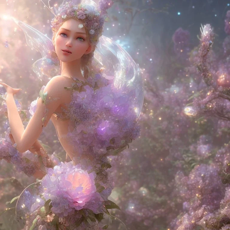 one big crystal subtle flower in a galactic ambiance with a beautiful fairy, transparent petals, delicate colors, in the foreground, full of details, smooth, bright sunshine，soft light atmosphere, concept art, smooth, extremely sharp detail, finely tuned detail, ultra high definition, 8 k, unreal engine 5, ultra sharp focus