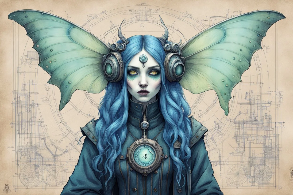 Jean-Baptiste Monge style hand drawn technical,full body portrait illustration , with detailed blueprints and engineering schematics of a walking hybrid Luna moth goth girl, with highly detailed facial features with multi cellular eyes, drawings, and technical notation, 8k, vibrant natural colors, whimsical fantasy