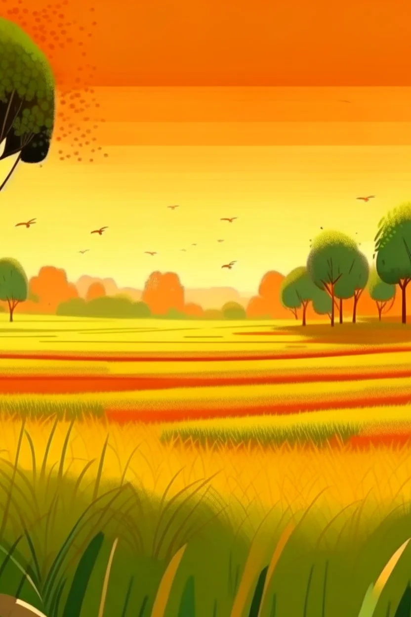 Rice field，Trees，Warm color palette，Animation，A lovely grasshopper