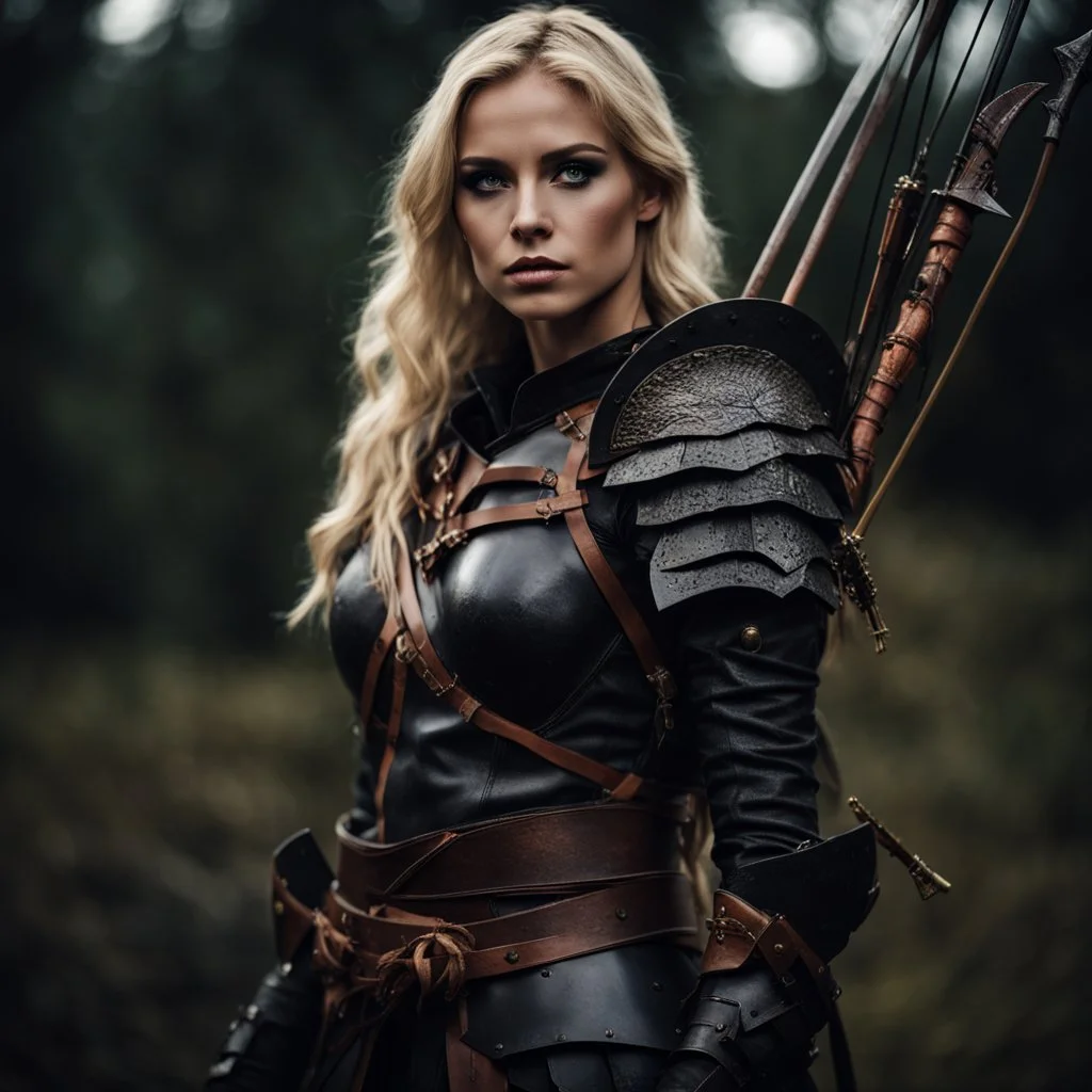 portrait of a 20 year old blonde female warrior wearing leather half armour and carrying a bow, dark fantasy