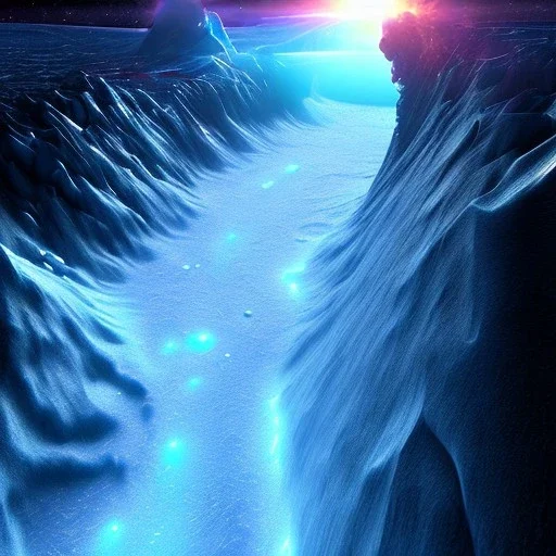 Cascate tra ghiacciai fasci luminosi blu siderale