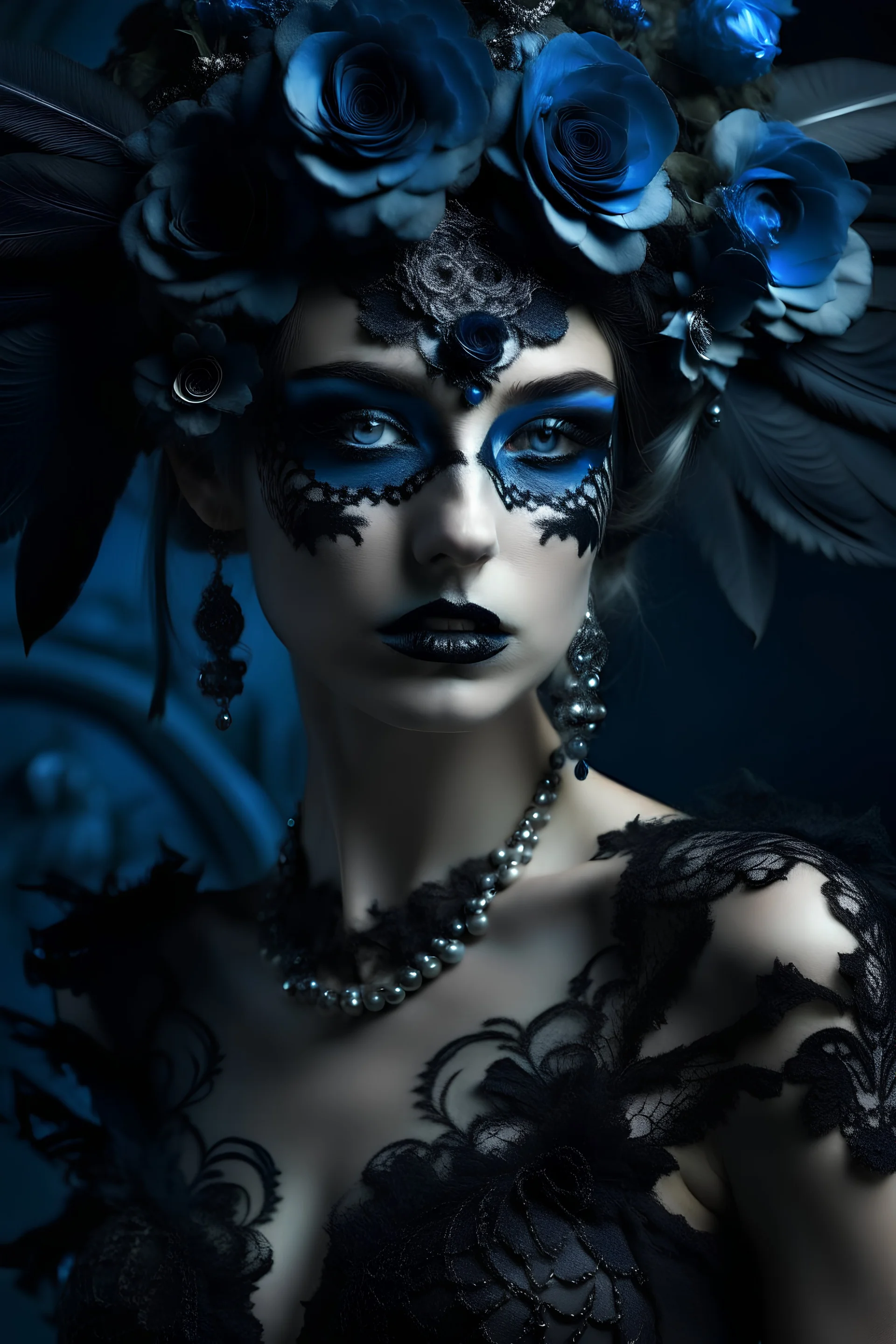 Beautiful faced young vantablack decadent európean woman, adorned with decadent black rose and balack hiris, hydrangea floral azurit and black onix obsidian mineral stone headress wearing black lace ribbed with agate stone mineral and embossed floral costume dress, silver and black colour gradient Dusty makeup and half face owl feather masque filigree organic bio spinal ribbed detail of gothica decadent dark vantablack background extremely detailed hyperrealistic maximálist portrait art