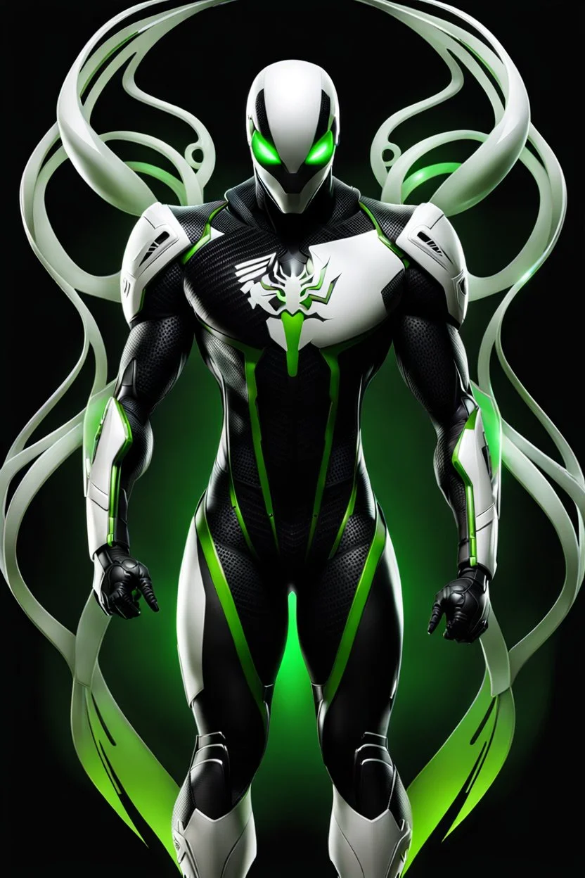 Cyborg symbiote, white color, green color, tendrils, high tech, cyberpunk, biopunk, membrane wings, carbon fiber, cyber tentacles, and the other two.