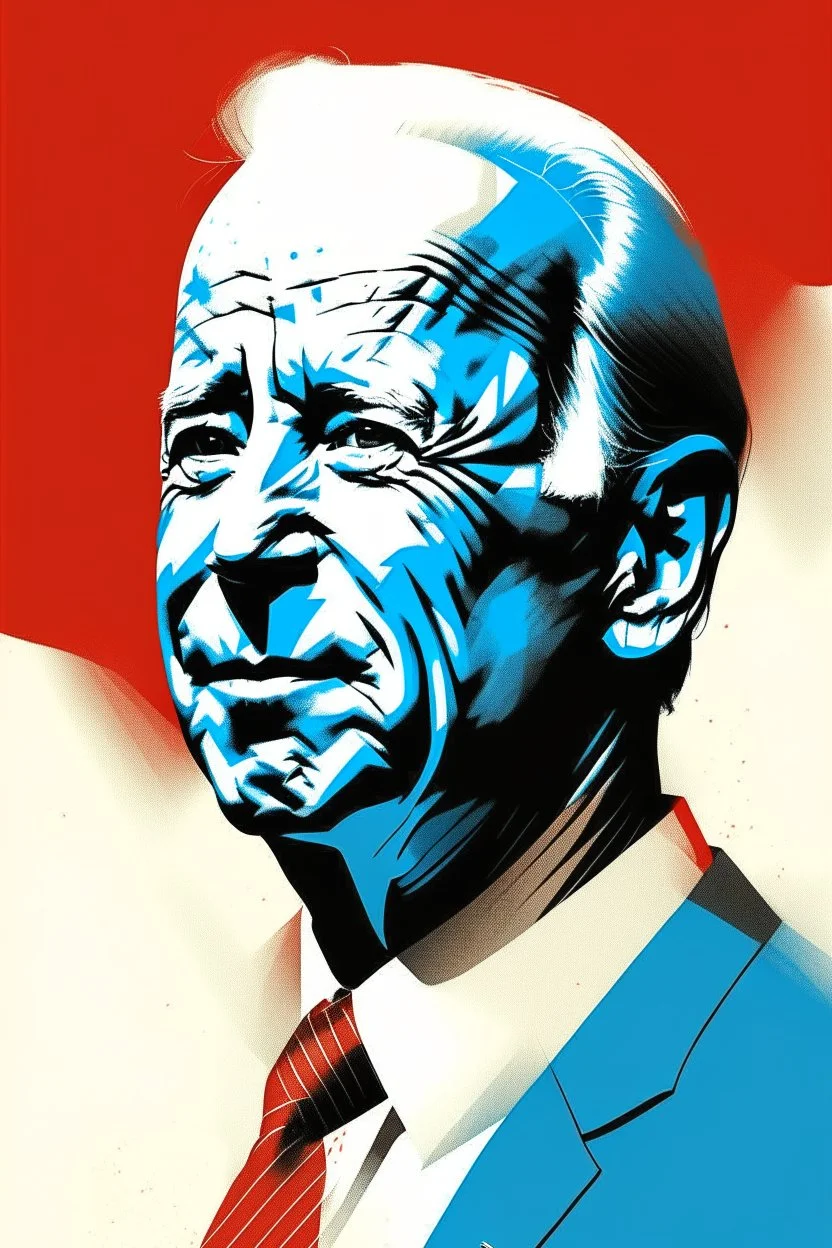 stylized stencil portrait of Joe biden in solid red, beige and (light and dark) blue with the the script повиноваться overlaid on the bottom of the image in red