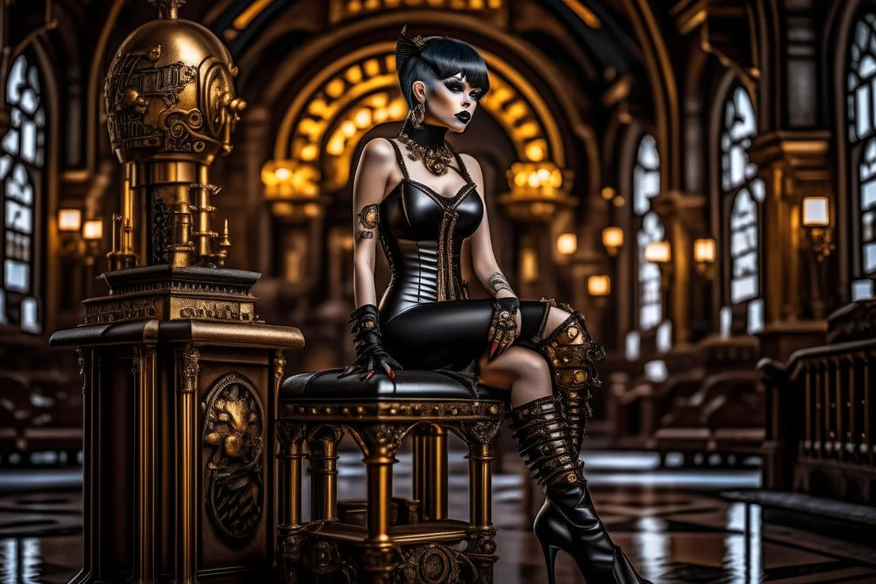 a skinny Cleopatra, with a bob hairstyle, in black boots, standing next to a black gothic seat, in a steampunk setting.