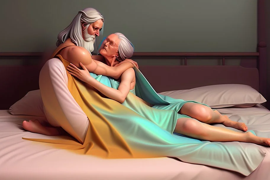 colourful digital painting of beautiful aphrodite full body embracing old man on beds, by michaelangelo