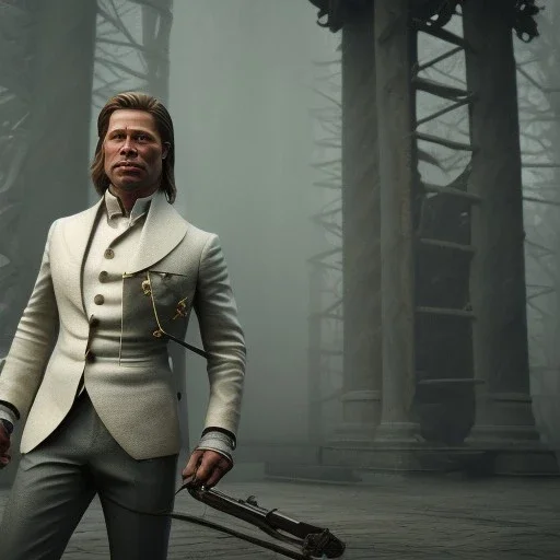 Full body, 3d render, Brad pitt 1800's men style, 1800's hair style, 1800's men clothes style, hyper realistic, octane render, unreal engine 5, 8k, palace background, uhd