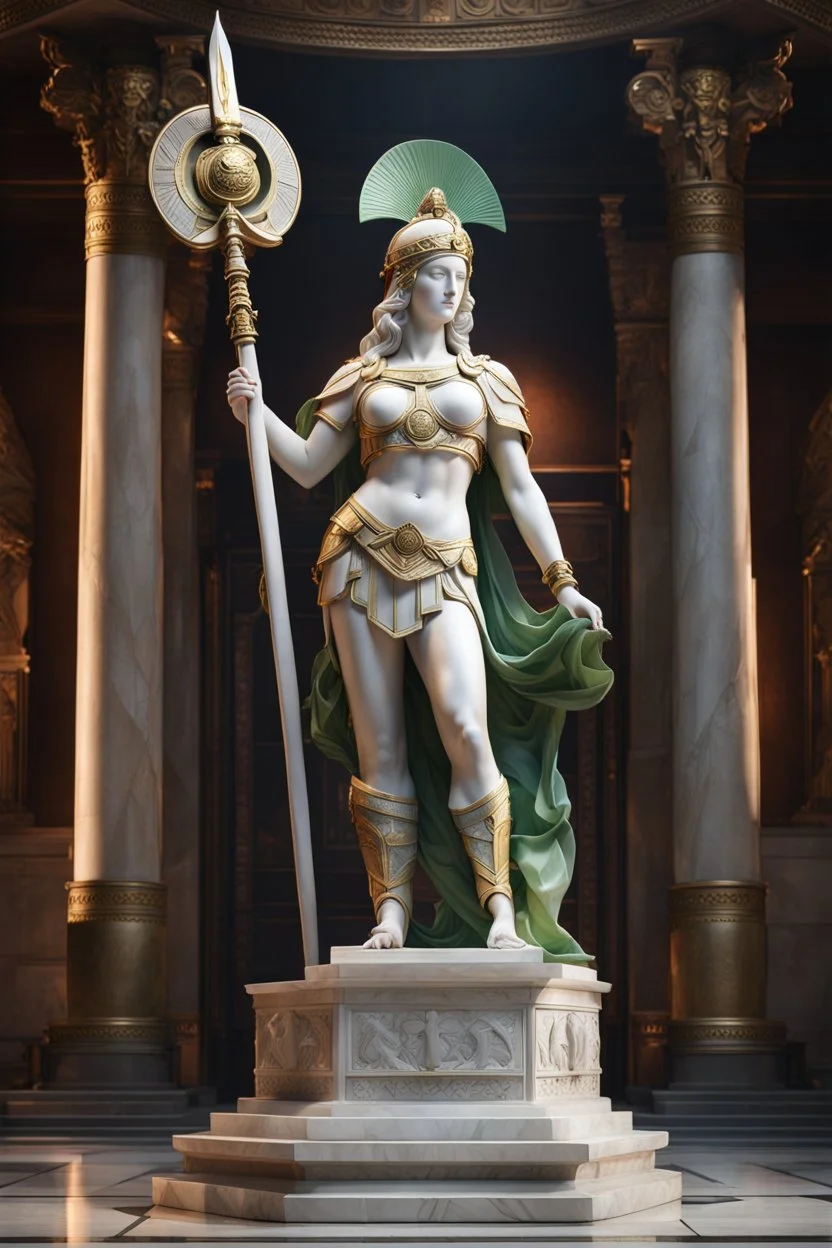 highly detailed marble and jade roman statue on a plint of the goddess of love and war. sandals, armor, spear, shield. full body shot, Hyperrealism, breathtaking, ultra realistic, unreal engine, ultra detailed, volumetric fog, cinematic lighting, , stunning temple environment