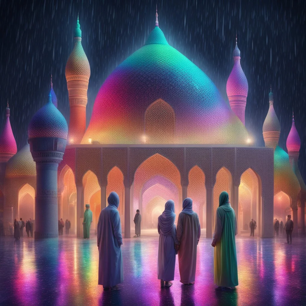 Hyper Realistic people in a rainbow textured Mosque at beautiful rainy night with decorative lights