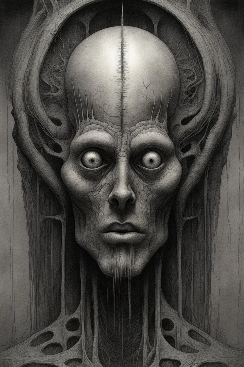 The face of a king with a hairy head a thin line draw ، front view camera, decayed and rotting with grotesque proportions and imagery. surreal horror, biomechanical design, by hr giger and beksinski , fine lines draw