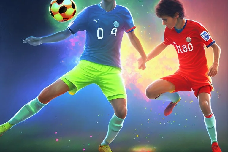 Oil painting, full body of a soccer player, he is kicking the ball, the ball is flying, bright but not neon colours, dynamic lines, dynamic blobs, spots, lines in the background of the character, splash like a colour explosion