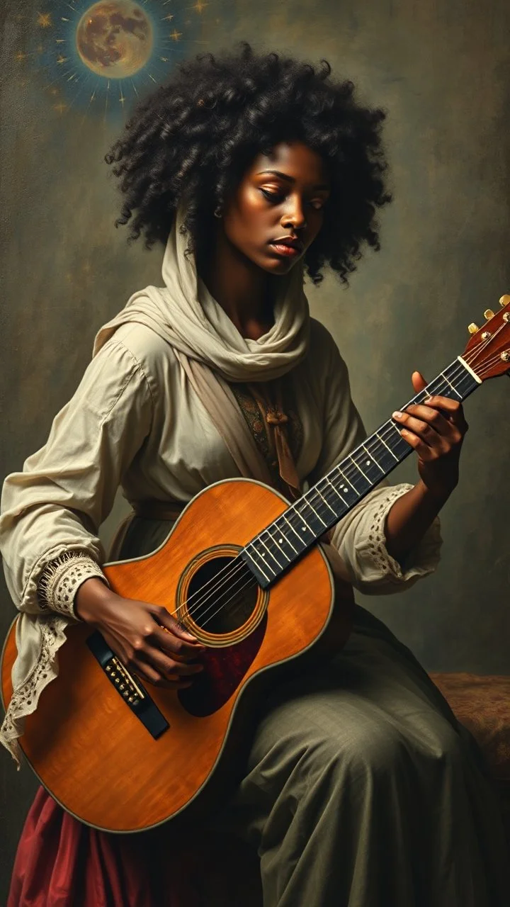 Hieronymus Bosch style , an black women with big curly hair playing the acoustic guitar