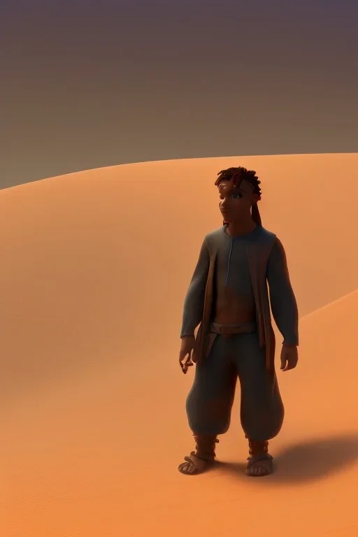 3D render of a cyberpunk tribal teen mixed man, black hair, hooded, on a orange dune background, digital art