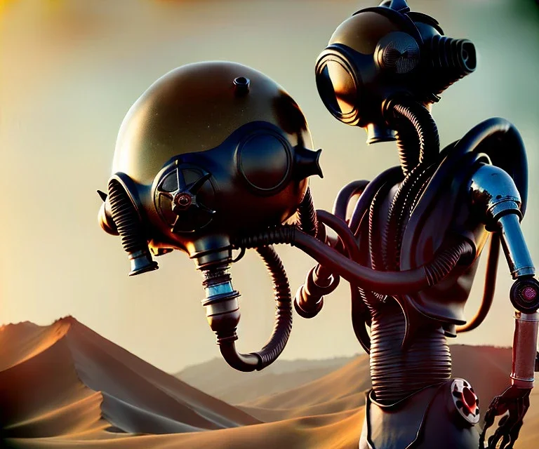 Alien, gas mask, holding, atmospheric pressure, hands, metal, desert, vest, scales, tentacles, computer, Mecha