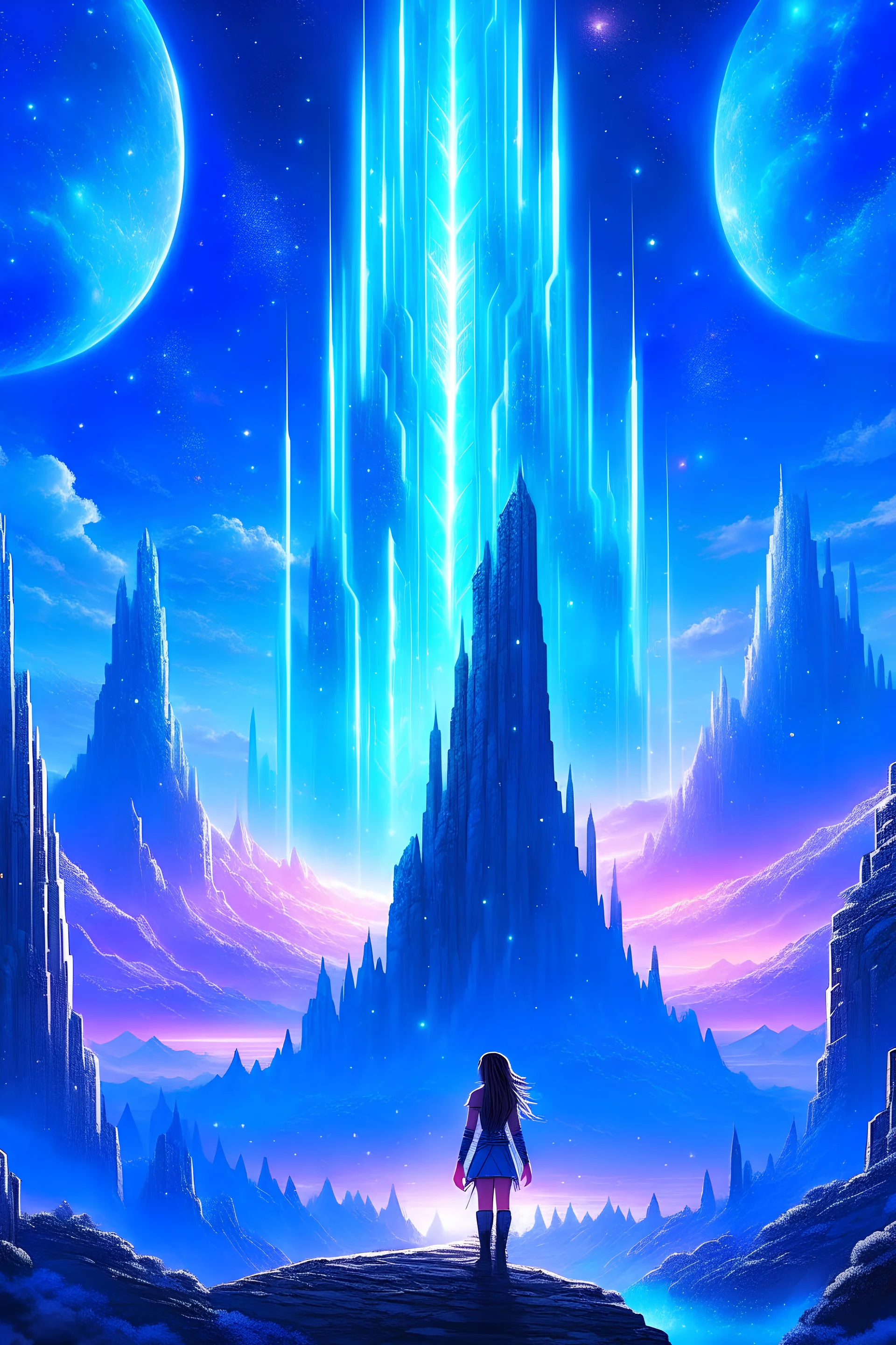 Create an image of Elara’s daring climb up the Crystal Peaks, surrounded by towering crystals that reflect the starry skies above, as she nears the realm of the elusive Starweaver